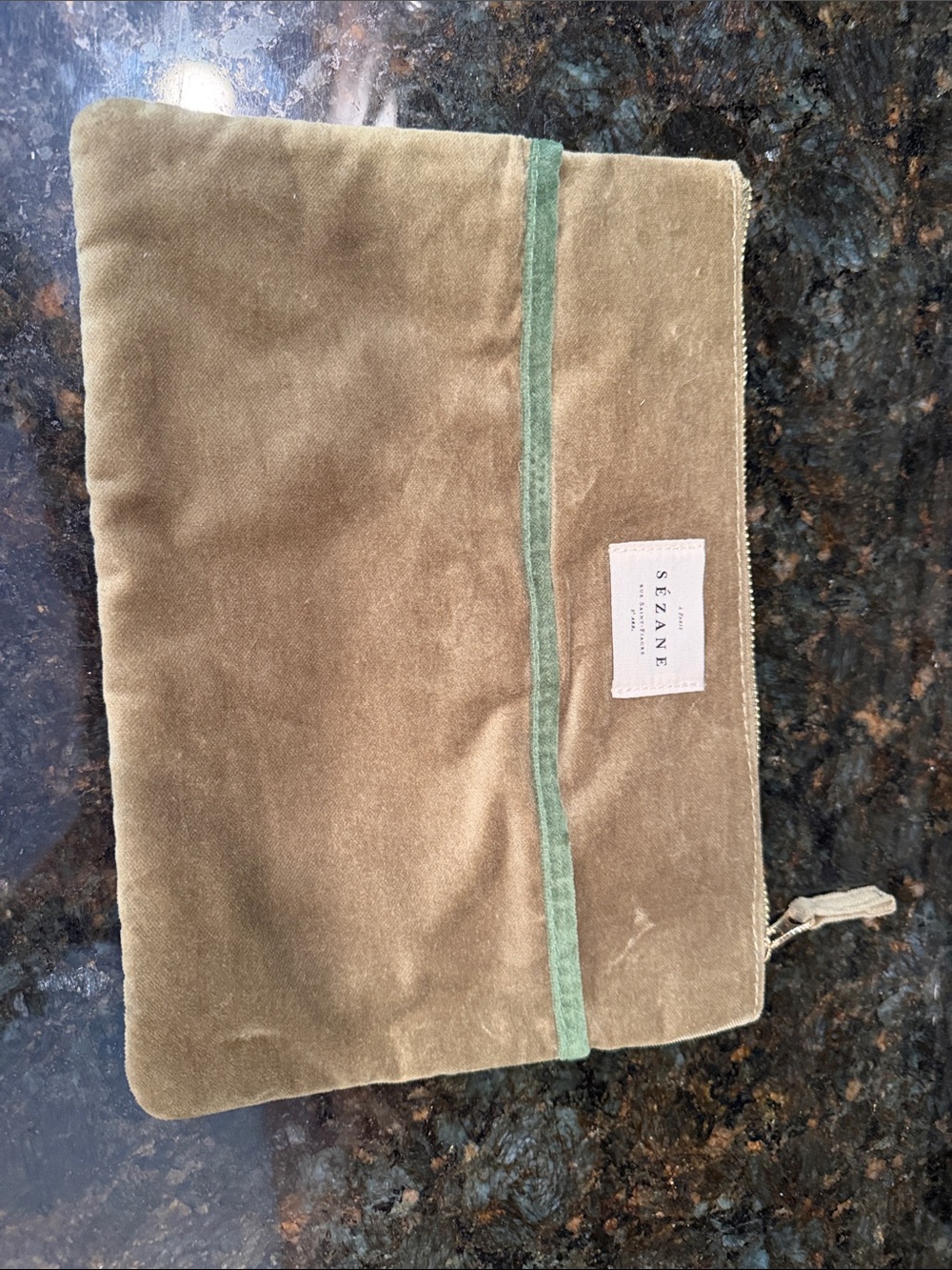 Sézane Olive Velvet Zip Pouch with Mint Trim